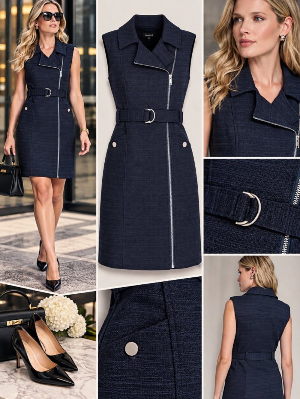 DKNY Belted Moto Zip Sheath Dress Midnight Navy Size 10 NWT